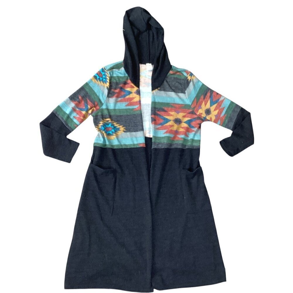 7th Ray Southwestern Aztec Tribal Longline Hooded Duster/Cardigan Pockets L 317A
